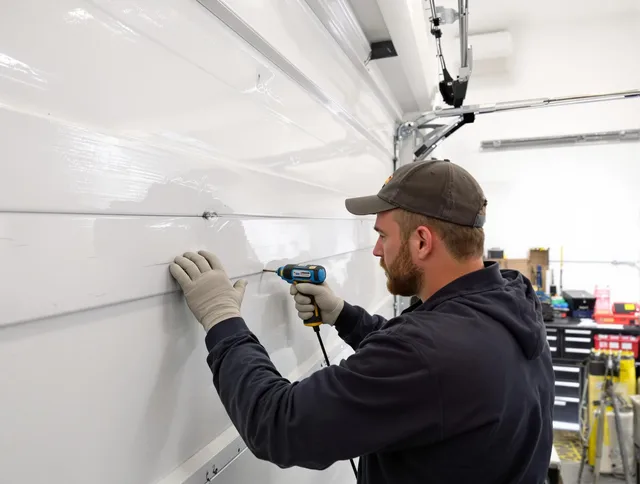 Weston Garage Door Repair technician demonstrating precision dent removal techniques on a Weston garage door