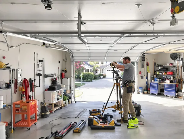 Weston Garage Door Repair specialist performing laser-guided track alignment in Weston